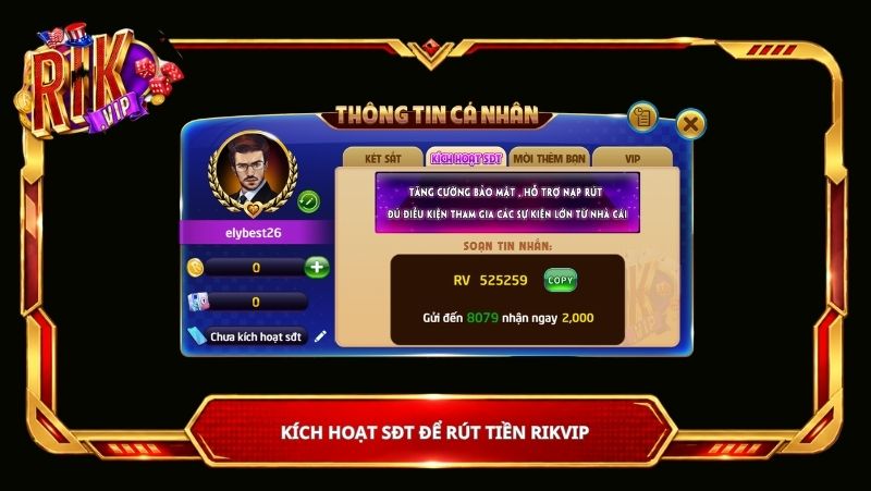 kích hoạt sđt để rút tiền rikvip