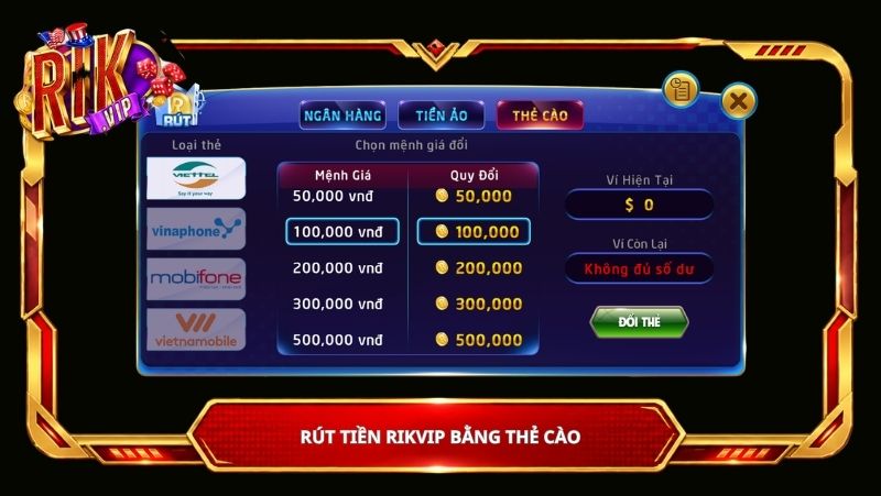 Rút tiền Rikvip bằng thẻ cào